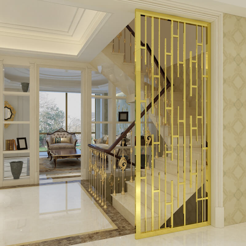 Mẫu vách ngăn cầu thang bằng inox mạ vàng đẹp tại Hà Nội